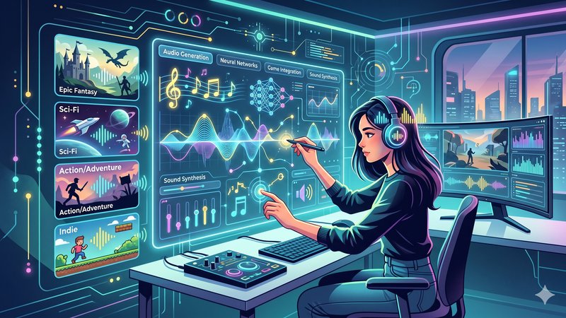 Футуристическая иллюстрация инструментов генерации игрового аудио с помощью нейросетей в современном минималистичном стиле